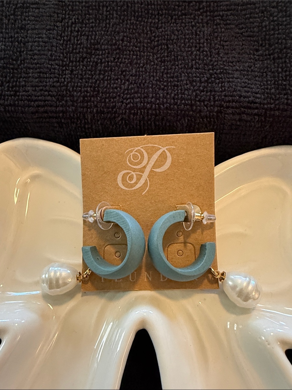 Plunder Pale Blue Crescent Hoop Earrings with Pearl Drops